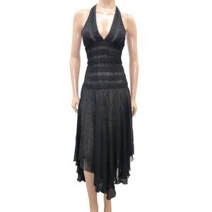 Y2K BCBGMaxazria Midi Dress Whimsigoth Silk Lace Gown Black Halter Neck 8